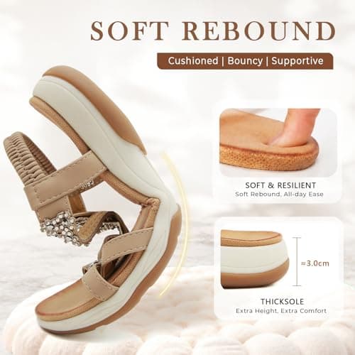 ZDQ Sandals for Women Summer Ladies Bohemian Flat Sandals with Rhinestone Comfortable Arch Support Slip On Holiday Sandals Beige 6.5 — view 4