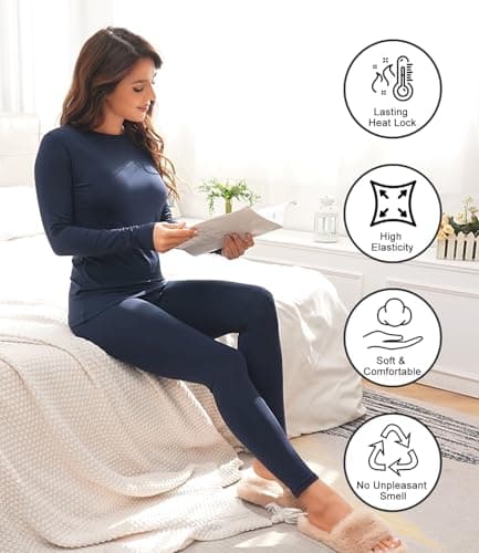 wirarpa Women's Thermal Underwear Set Fleece Lined Top & Bottom Navy S — view 3