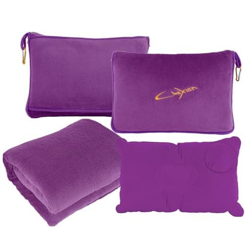 CLEXION Travel Blanket & Pillow Set, 300 GSM Soft Fleece, 60x43 Inches, 3-in-1 Airplane Blanket, Travel Pillow and Blanket Set, Travel Blanket Airplane Compact with Bag, Travel Essentials, Violet