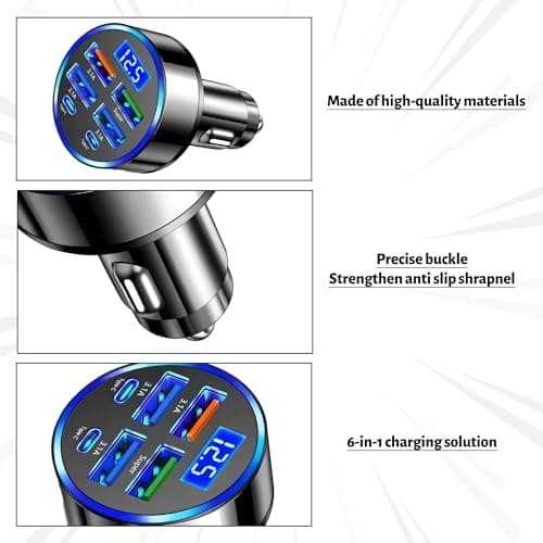 USB C Car Charger Adapter,6-In-1 Super Fast Car Charger,30 Minute Car Charger with LED Voltmeter Compatible with IPad,IPhone& Android Etc — view 3