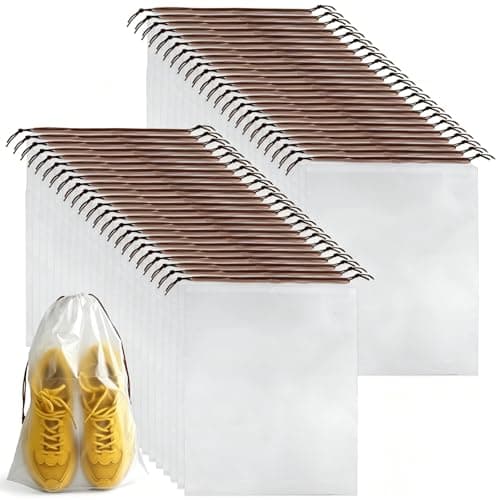 Shoe Bags for Travel PLULON Drawstring Travel Shoe Bags for Packing Waterproof Dustproof Shoes Organizer Pouch Travel Accessories for Portable Travel Essentials (50, Clear with Brown String)