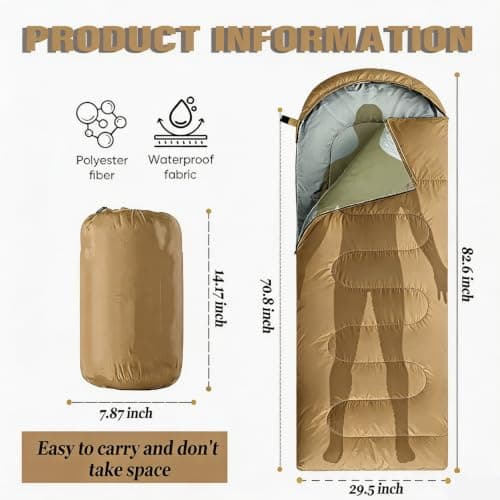 Sleeping Bag for Adults, Comfortable Waterproof 3 Season Warm & Cold Weather, Lightweight & Compact, Soft, Ideal for Camping, Hiking & Backpacking (Brown) — view 2