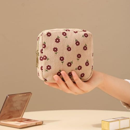 Livzikaroa Small Make Up Bag for Handbag, Red Floral Corduroy Cosmetic Pouch with Metal Zip, 13 X 13 X 4 Cm, 40 G Travel Toiletry and Sanitary Pad Holder for Women — view 3