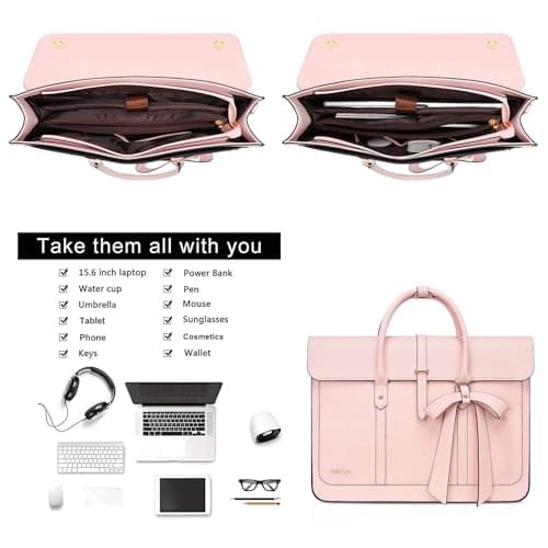 MOSISO Laptop Bag for Women,16 inch PU Leather Computer Bag, Pink — view 4