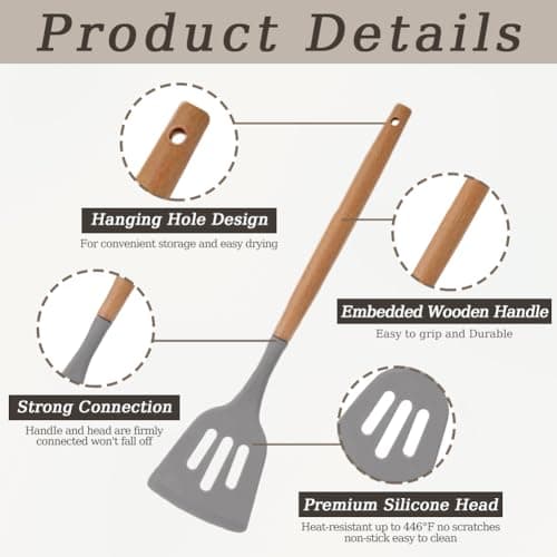 12 Pcs Kitchen Utensil Set, Silicone Cooking Utensils Set with Wooden Handle, Heat Resistant, Nonstick Cookware Tongs Spatula Spoon Set with Storage Bucket for Home, Camping, Dishwasher Safe (Grey) — view 3
