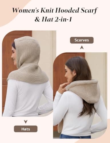 Vijamiy Knitted Hooded Scarf for Women 2-in-1 with Elastic Fit, Khaki — view 2
