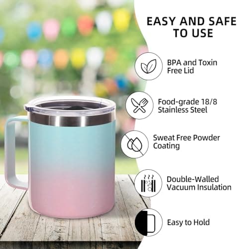 Volhoply 14oz Insulated Stainless Steel Coffee Mug with Leakproof Lid,Double Wall Vacuum Travel Coffee Cup with Handle,Reusable Metal Tumbler,Camping Mugs Keep Hot,Christmas Gifts(Green Pink,1) — view 4