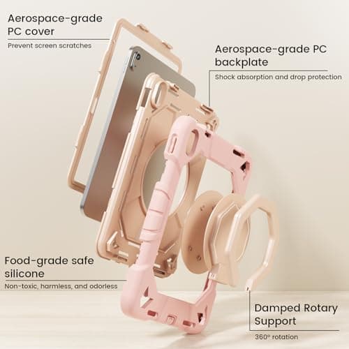 KVTVOU Shockproof Case for NEW iPad Air 11 Inch 2026/2025/2024 (M4/M3/M2), 360° Rotating Stand/Pencil Storage/Shoulder Strap, Military Grade Drop Protection Cover for iPad Air 11, Pink — view 3