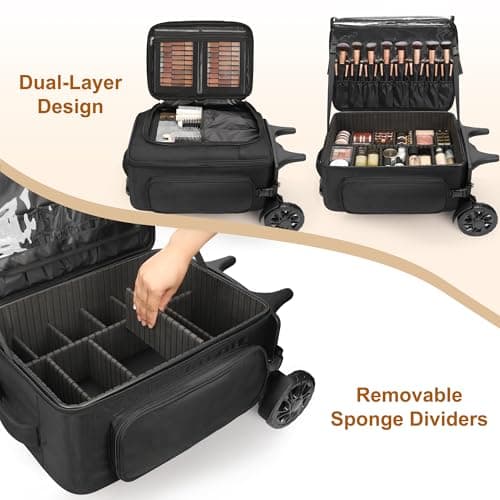 Relavel Rolling Makeup Train Case with 2 Big Wheels, Professional Makeup Artist Backpack with Adjustable Dividers & 4 Small Bags, Portable Make Up Travel Organizer Makeup Case for Daily Use, Black — view 6