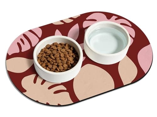 Easy Clean Dog Bowl Mat, 51x30.5 cm Absorbent Dog Feeding Mat for Dogs and Cats, Stain-Resistant Cat Mats for Food Bowls, Avoid Water Spilling Feeding Mat for Pet, Red Leaf