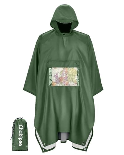 Chakipee Rain Waterproof Poncho Adult Reusable Rain Cape Lightweight with Transparent Pocket, Packable Poncho Multi-Purpose for Travel, Hiking, Camping, Festival Green