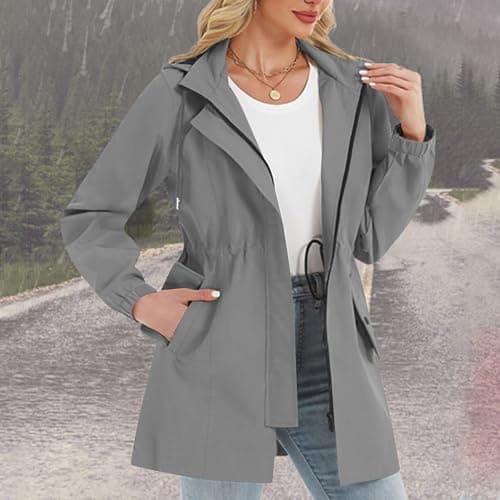 Keepink Womens Waterproof Jacket Detachable Hood Raincoat Drawstring Waist — view 2
