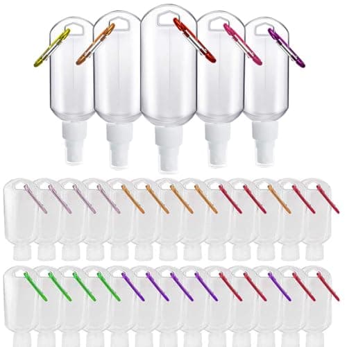 SXQIX 20Pcs Empty Travel Containers Hand Sanitizing Plastic Spray Bottles Squeeze Bottle With Holder Hook Keychain Flip/Spray Lids Portable Refillable Travel Containers (30ml-Spray Lid)