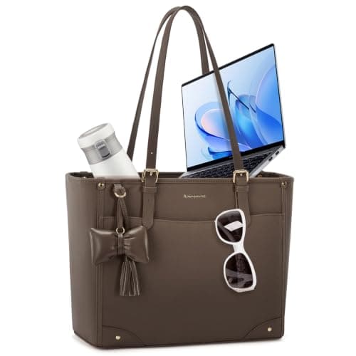 RAINSMORE Tote Bags for Women Large Handbag with 14 inch Laptop Coffee
