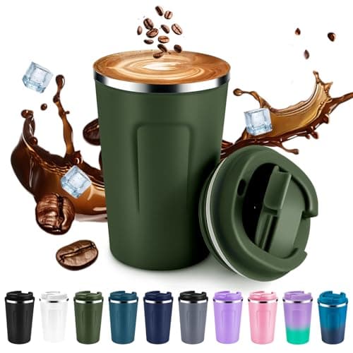 Volhoply 360ml 12oz Double Wall Insulated Vacuum Travel Coffee Mug with Flip Lid,Reusable Stainless Steel Leak Proof Coffee Cup,Cafe Thermal Tumbler Suitable for Hot&Cold Drinks(Army Green,1 Set)