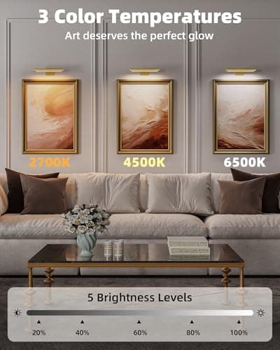 EZVALO Picture Light for Wall, Rechargeable 2400mAh Battery Lights with Wireless Remote, Dimmable Magnetic LED Art Painting Light with 3 Color Temperatures (Pack of 1, Gold) — view 2