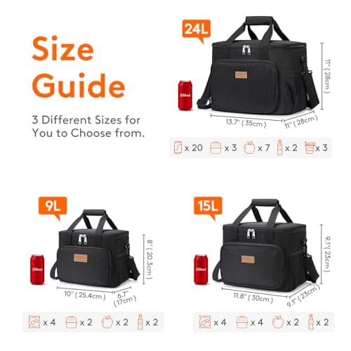 Lifewit Lunch Bag 15L 24 Can Insulated Lunch Box Soft Cooler Cooling Tote for Adult Men Women, Black — view 4