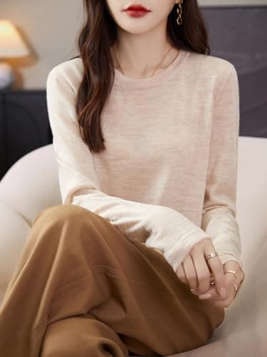 Chanyarn Women's 100% Merino Wool Base Layer Thermal Tops Crewneck Long Sleeve Travel Hiking Thermal T Shirt Pullover (Beige,L) — view 4