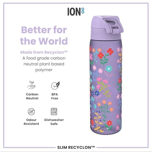 Ion8 Water Bottle, 500ml/18oz, Slim Leak Proof & BPA-Free Drinking Bottle, Secure Lock Prevents Spills, Dishwasher Safe, Carry Handle, Ideal for Adults & Kids - Travel, Gym & School, Ditsy Floral — view 5