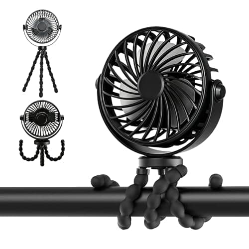 Mini Portable Pram Fan, Rechargeable Clip On Fan for Stroller with Night Light, 3 Speeds, 360° Rotate Flexible Tripod Cooling for Buggy, Pushchair, Car Seat, Travel Black