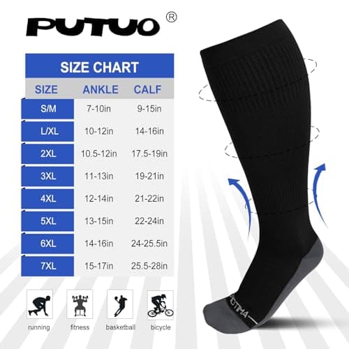 PUTUO Large Calf Flight Socks: Plus Size Compression Sock for Men Women - Extra Wide Calf Graduated Compression Stockings for Support Travel Pregnancy Edema Nurses Seniors 20-30 mmhg Black 3XL 3Pairs — view 2