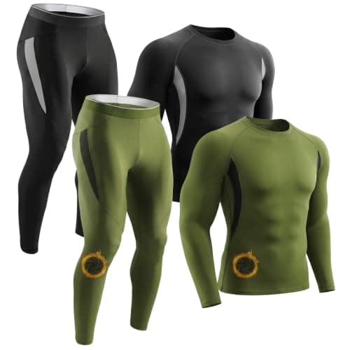 Mexholin Men's Thermal Underwear Mens Thermal Base Layer Set Long Sleeve Top & Bottom Winter Warm Quick Dry Long Johns for Workout Skiing Running Black/Army green L