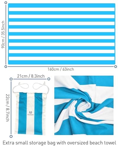 Victoper Microfiber Beach Towel d Rapid Drying Sand Free Soft Compact Lightweight Qualities Beach Towels for Adults Ideal for Swimming Beach Yoga Camping Gym Carry Bag Sky Blue Stripes 63x35 Inch — view 2