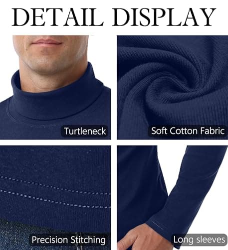 Hisir Men's Thermal Top, Long Sleeve Cotton Roll Neck Base, Navy Blue, M — view 3
