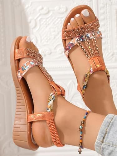 AEHAXGD Rhinestone Wedge Sandals for Women 2026 Summer Orthopedic Bohemia Sparkly T Strap Shoes Embellished Jeweled Beaded Sandals with Elastic Ankle Strap Comfy Cute Sandals for Beach Travel — view 5