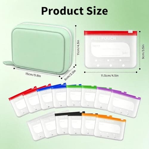 A8 Waterproof Pill Organiser Pouch Set with 14 Color Pill Pouches, Large Weekly Travel Pill Pouch Organizer, 7–14 Day Portable Reusable Medicine Storage Binder Design Zippered Pill Storage (Green) — view 2