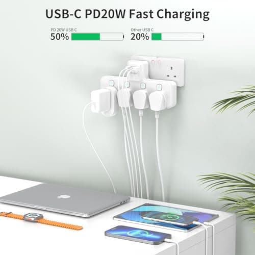 PASSUS Multi Plug Extension Socket 4 Way Plug Adapter with PD20W USB C Slot — view 3