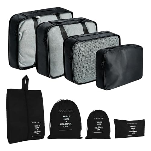 Hittriu 8 Pack Waterproof Packing Cubes for Suitcase, Lightweight Travel Packing Organiser Bags for Clothes Shoes Toiletries, Durable Machine Washable Travel Storage Bag (Black)