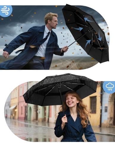 TECKNET Umbrella Windproof Strong for Rain, Large Automatic Folding Umbrella with 9 Strong Ribs, Double Canopy, Easy Auto Open & Close, Compact Travel Portable Durable & Lightweight Umbrellas, Black — view 5