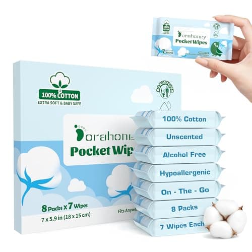 Dorahoney 100% Cotton Travel Wet Wipes, 99% Water, Unscented & Hypoallergenic Mini Wipes for Sensitive Skin, Pocket Hand & Face Wipes for Adults, Kids & Babies, Travel Essentials, 8 Packs (56 Wipes)