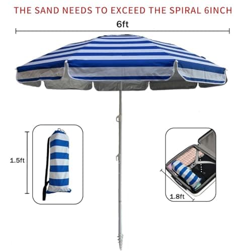 LOTTAFUN 6ft Beach Umbrella - Heavy Duty Wind Resistant UV 50+ Portable Sun Shade with Sand Anchor & Carry Bag, Outdoor Folding Umbrella for Beach, Pool, Patio, Garden (Blue strip) No Tilt The sand — view 2