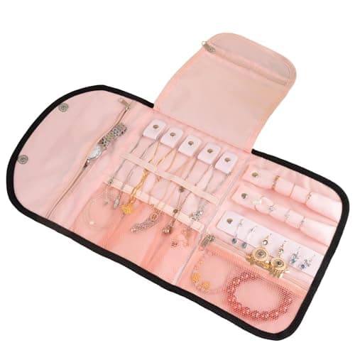 igadgitz home U7253 Foldable Jewellery Organiser Bag, Pouch, Roll, Storage, Portable for Travel - Black and Peach