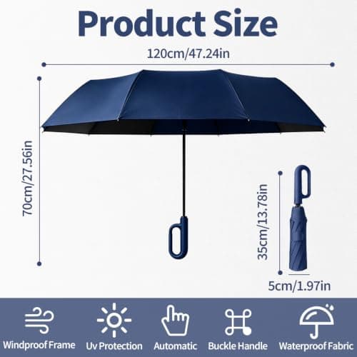 NKFBEV Travel Umbrella with Carabiner Handle, Windproof Umbrella for Rain and Sun, 10 Ribs, Auto Open Close, UV Protection, Compact Portable, Travel Umbrella Compact for Women Men Kids (Navy Blue) — view 2