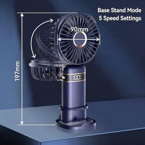 CNMTCCO Handheld Fan Rechargeable, Portable Fan with 5 Speeds 3600mAh, Foldable Desk Fan with LED Display, Personal Hand Held Fans, Powerful Mini Fan for Home Office Outdoor Travel Camping (Blue) — view 2