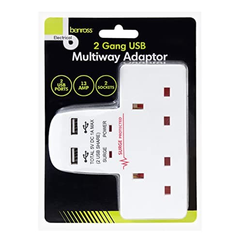 Benross 45600 Standard 2 Way Wall Adaptor Socket/Includes 2 USB Slots/Surge Protected / 1 Amp USB Charging Current/Compact & Lightweight Design/UK Plug Sockets