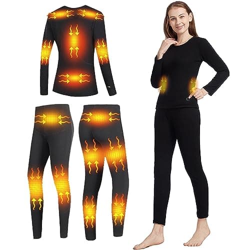 VLOBAOM Electric Heated Thermal Underwear Set, Women's Travel Heated Pants and Top, Fleece Lined Long Johns Set,L,Black