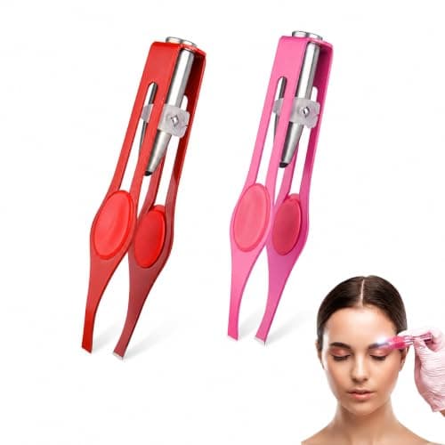 WUERKIYA 2-Pack LED Tweezers Set – Precision Stainless Steel Eyebrow Tweezers with Built-in Light – Enhanced Beauty Tool for Facial Hair Removal – Portable Grooming Kit in Red and Rose Gold