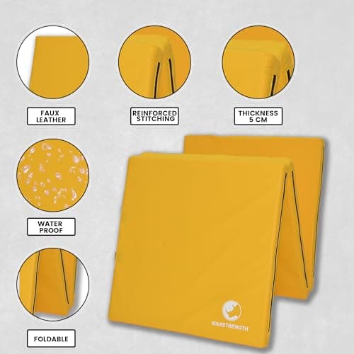 MAXSTRENGTH Tri-Folding Extra Thick Yoga Mat – Non-Slip Exercise & Gymnastics Mat | Soft Foam Fitness Mat with Carry Handle – 6ft x 2ft Foldable Workout & Travel Yoga Mat (Yellow) — view 5