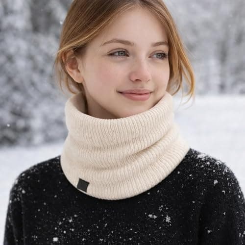 Snood Neck Warmer, Thick Knitted Tube Scarf, Cream And White, 1 Pack — view 4