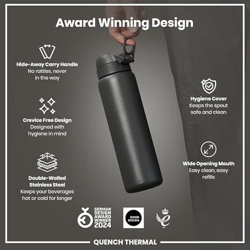 Ion8 Vacuum Insulated Stainless Steel 1 Litre Water Bottle, 920ml, Leak Proof, One-Finger Open, Secure Lock, Carry Handle, Dishwasher Safe, Scratch Resistant, Ideal for Sports and Yoga, Grey — view 6