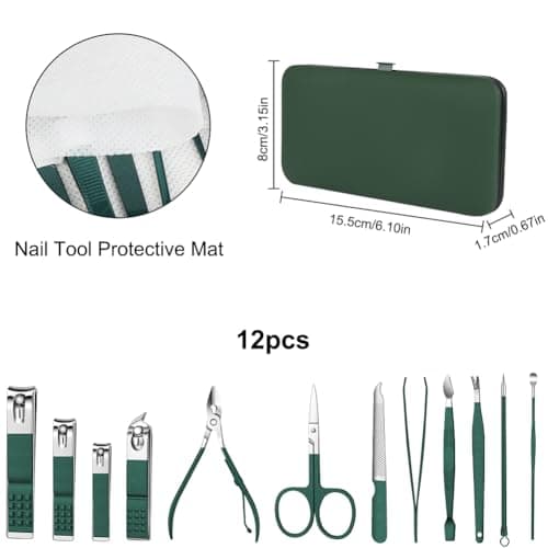 AYBUY Manicure Set, 12pcs Nail Clippers Pedicure Kit, Portable Nail Trimming set,Stainless Steel Grooming Tools with Fine Leather Case for Men Women Friends and Parents(Dark Green) — view 2
