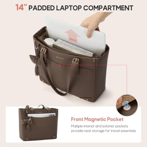 RAINSMORE Tote Bags for Women Large Handbag with 14 inch Laptop Coffee — view 5