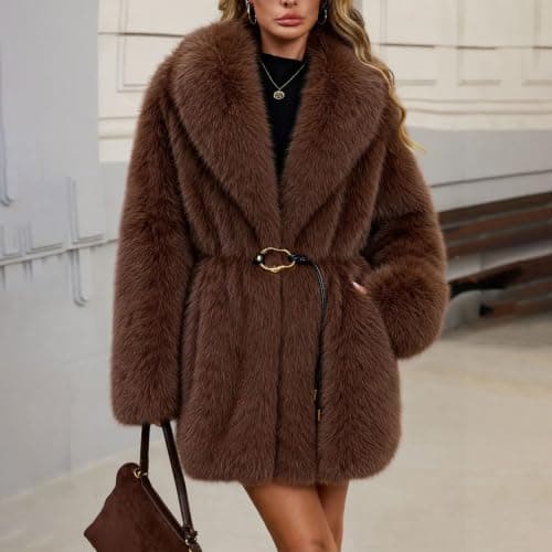 Brown Womens Faux Fur Coat Lapel Belted Warm Winter Jacket with Pockets XXL — view 5