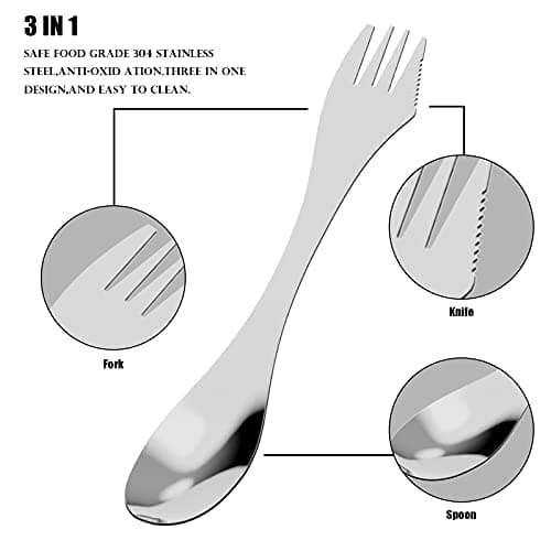 Vdealen Stainless Steel Spork's Extremely Strong Set, Fork & Knife Combo Utensil for Camping, 3-Pack, Curve with Serrated Edge On Fork — view 3