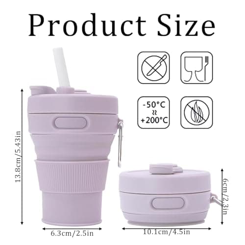 MOMAHUA 450ml/15oz Collapsible Coffee Cup with Lids,Purple Silicone Portable Water Cups,Reusable Coffee Mug,Foldable Camping Travel Cup Fits in Your Pocket,Folding Mug Collapses to 6cm — view 2