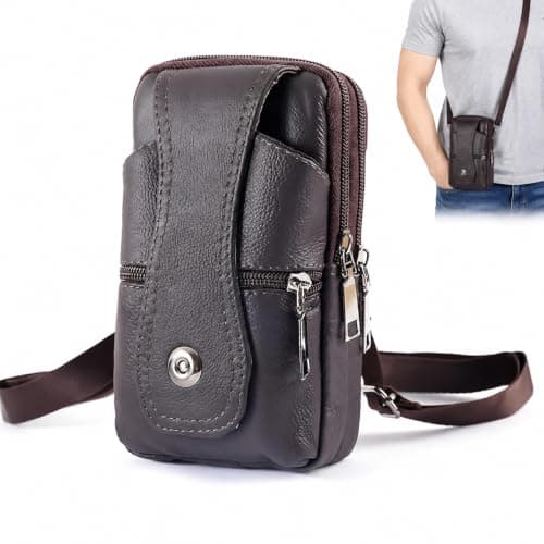 KUBDPQOR Leather Phone Waist Bag for Men, Crossbody Belt Pouch with Anti-Theft Zip, Small Travel Shoulder Bag for Mobile Phone, Camping, Hiking & Outdoor Use, Brown